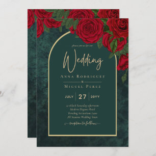 Invitation Forêt Vert Or ROUGE Roses Mariage d'hiver