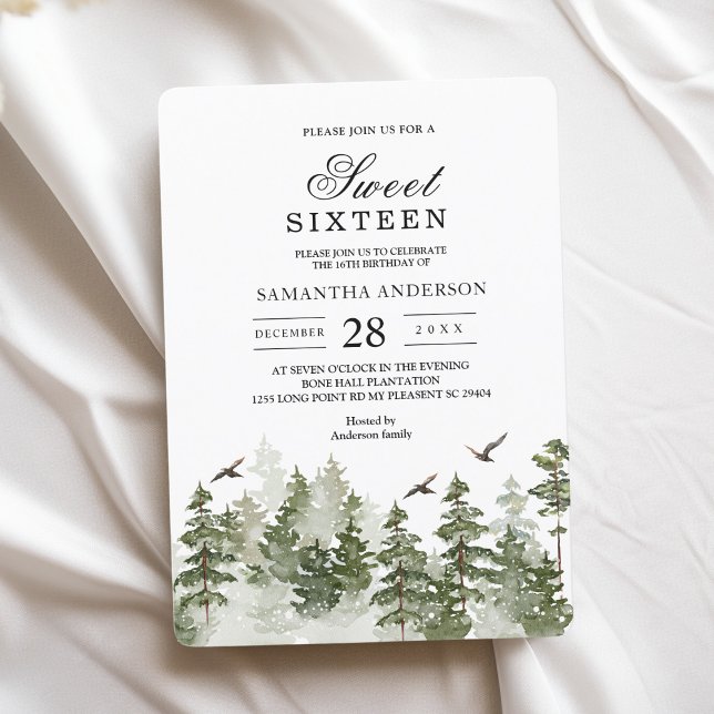 Invitation Forêt verte moderne d'hiver aquarelle avec neige (Créateur téléchargé)