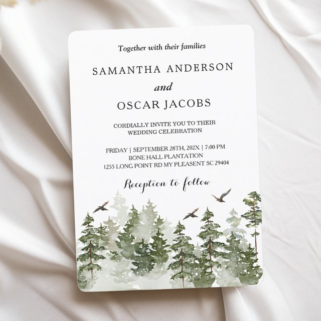 Invitation Forêt verte moderne d'hiver aquarelle avec neige (Créateur téléchargé)