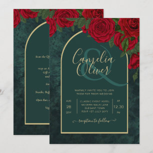 Invitation Forêt verte or rose rouge d'hiver de mariage