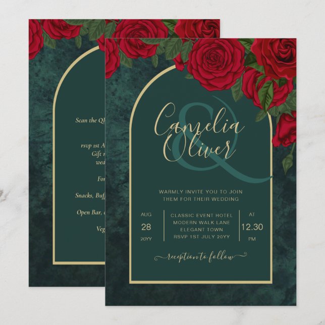 Invitation Forêt verte or rose rouge d'hiver de mariage (Devant / Derrière)