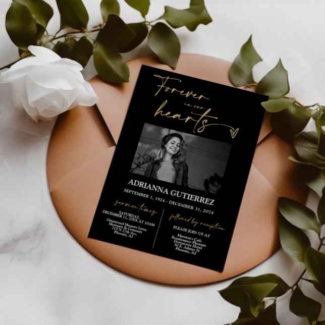 Invitation Forever in Our Hearts Black Gold Funeral Memorial (Créateur téléchargé)