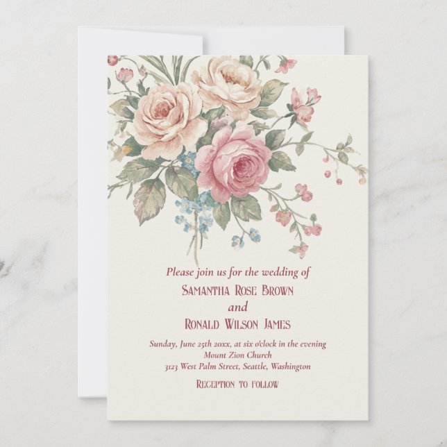 Invitation Formal Blush Pink Floral Elegant Rose Wedding (Devant)