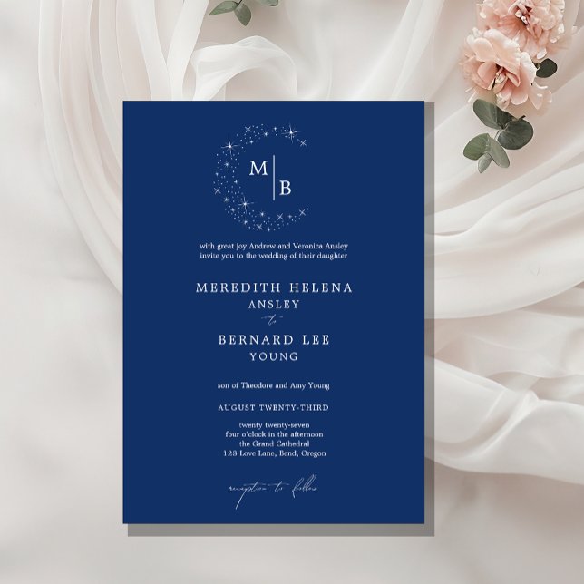 Invitation Formal Celestial Elegant Blue Monogram Wedding (Créateur téléchargé)