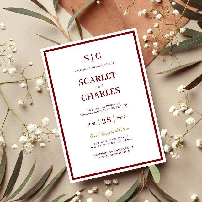 Invitation Formal Classic Burgundy & Gold Monogram Wedding (Burgundy and gold monogram wedding invitation sets a refined tone for your elegant celebration.)