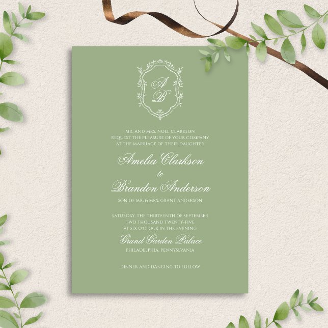 Invitation Formal Classic Sage Green Monogram Crest Wedding (Créateur téléchargé)
