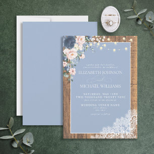 Invitation Formal Dusty Blue Blush Rustic Wood Lace Script