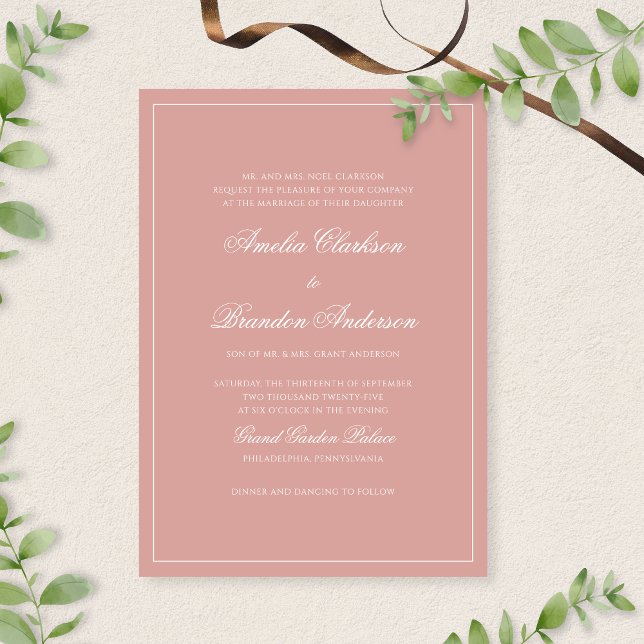 Invitation Formal Dusty Rose & White Border Script Wedding (Créateur téléchargé)