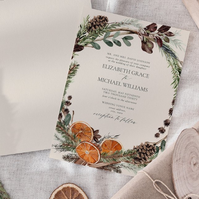 Invitation Formal Elégant Citrus Boho Verdure Mariage d'hiver (Easily personalize this formal bohemian citrus invitation for the perfect fall or winter wedding)