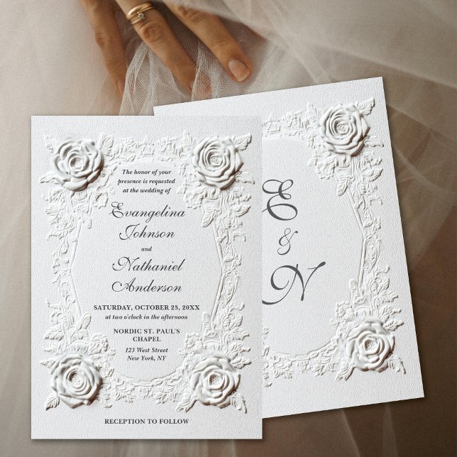 Invitation Formal Elegant Script Faux Embossed Roses Wedding  (Créateur téléchargé)