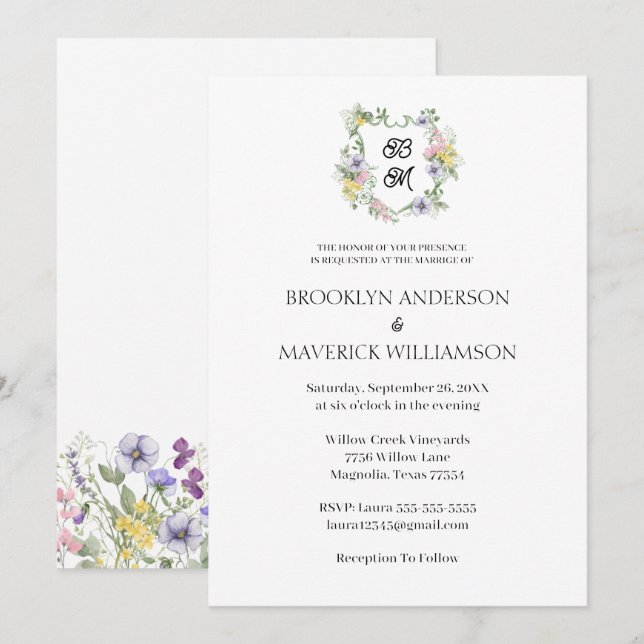 Invitation Formal Floral Monogram Crest Wedding (Devant / Derrière)