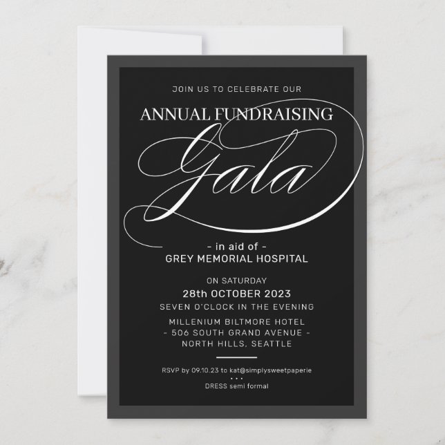 Invitation FORMAL GALA élégant événement faste noir blanc (Devant)