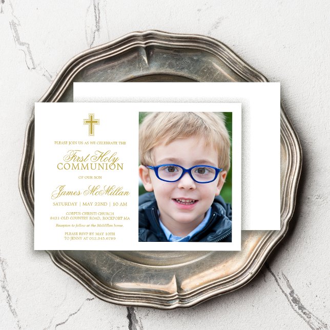 Invitation Formal Gold White First Communion Photo Boy (Créateur téléchargé)