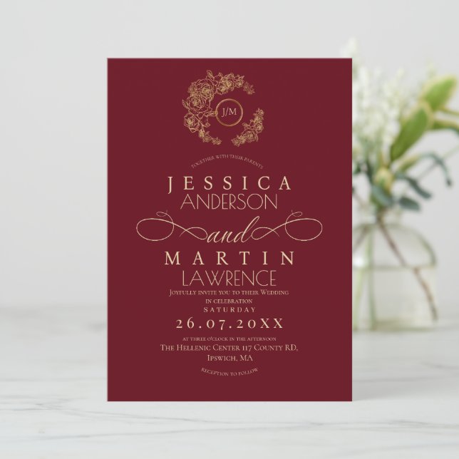 Invitation Formal Minimalist Red Gold Wedding  (Debout devant)