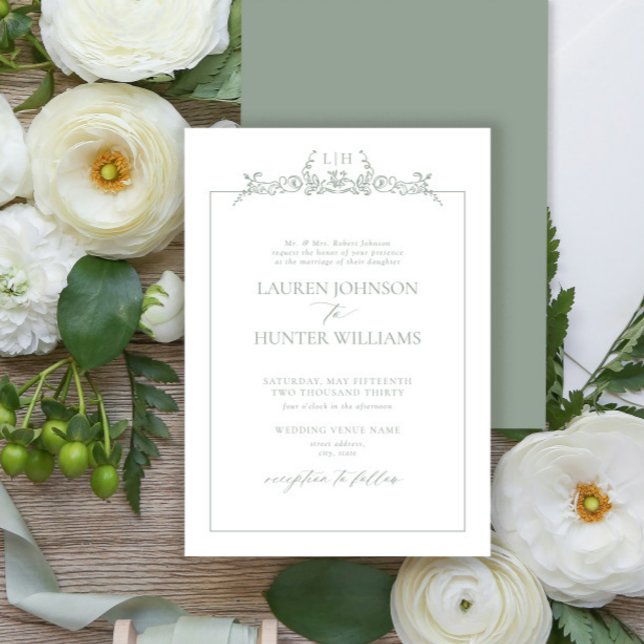 Invitation Formal Sage Green Floral Border Monogram Wedding (Créateur téléchargé)