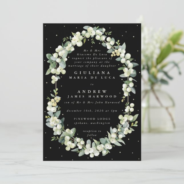 Invitation Formel Elegant Black Snowberry+Eucalyptus Mariage (Debout devant)