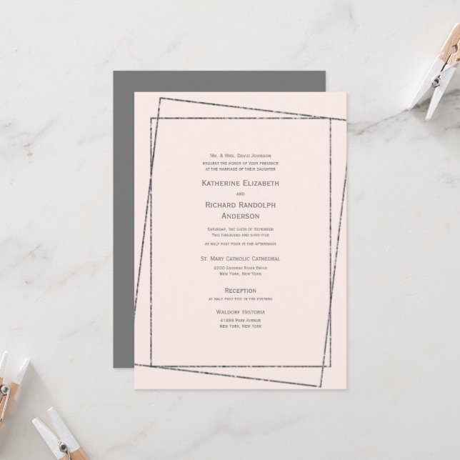 Invitation Formel & Elegant Blush & Silver Mariage (Devant/Arrière en situation)