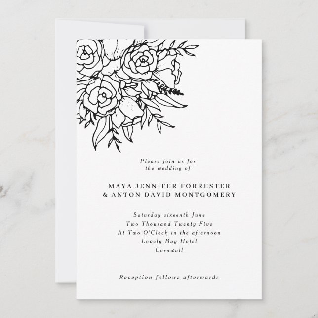 Invitation Formel Noir & Blanc Ligne Art Mariage Floral (Devant)