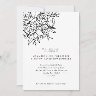 Invitation Formel Noir & Blanc Ligne Art Mariage Floral