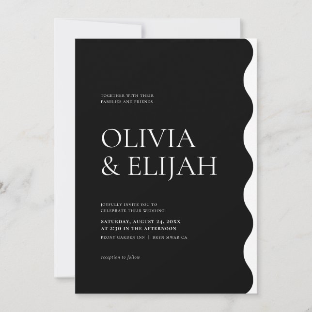 Invitation Formel Noir & Blanc Moderne Mariage Wavy (Devant)
