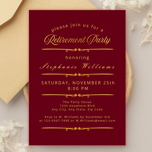 Invitation Formelle Élégante Retraite Burgundy Gold Party (Créateur téléchargé)