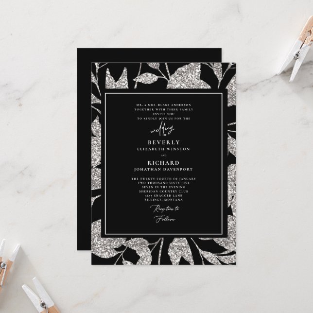 Invitation Formellement glamour noir et Mariage argenté (Devant/Arrière en situation)