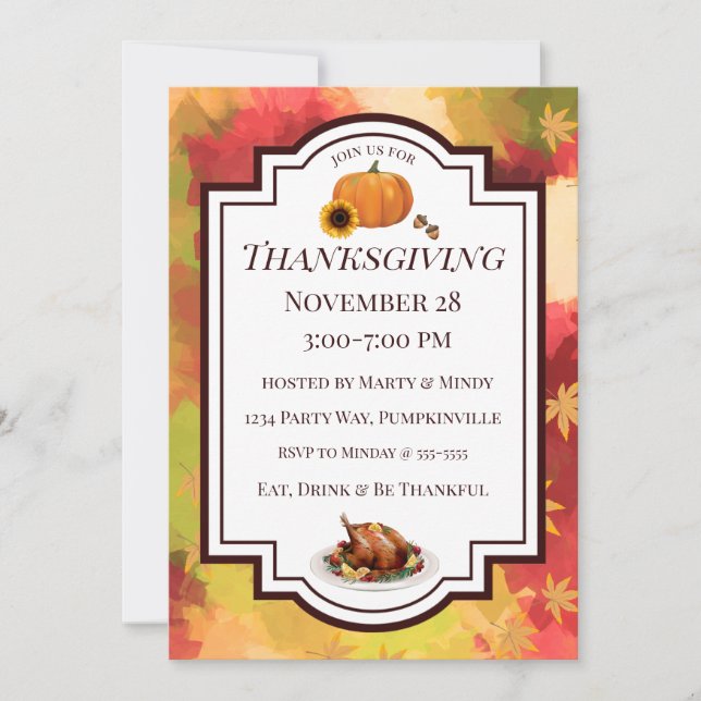 Invitation Formellement Thanksgiving automne Feuilles dinde (Devant)