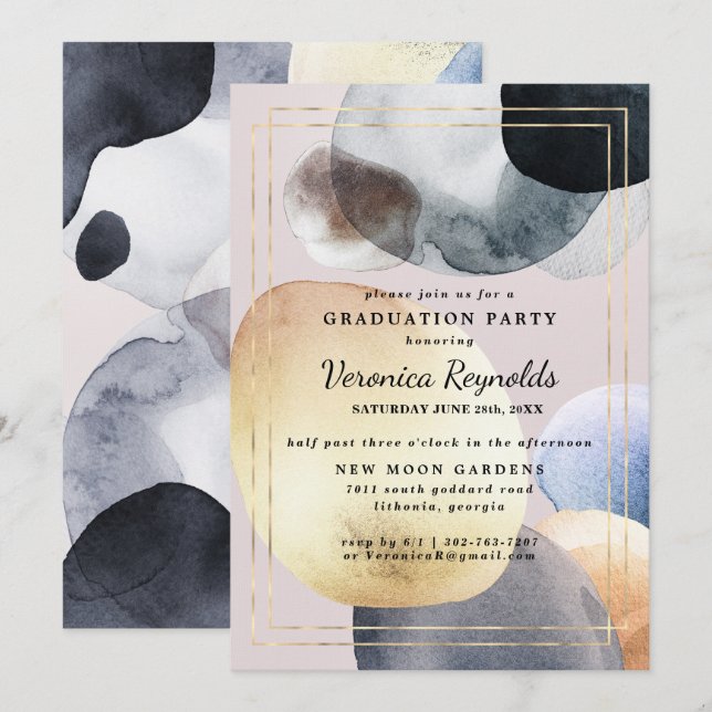 Invitation Formes Abstraites Artisanales | Diplômé Navy Or (Devant / Derrière)