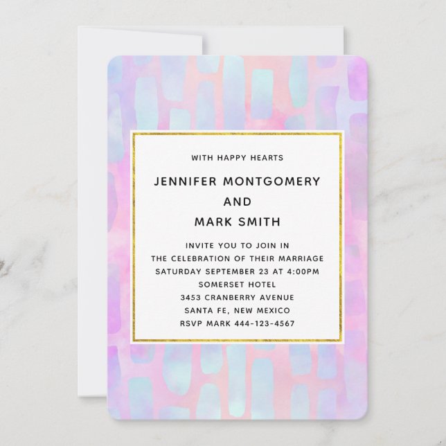 Invitation Formes de rectangle violet et bleu sur mariage ros (Devant)
