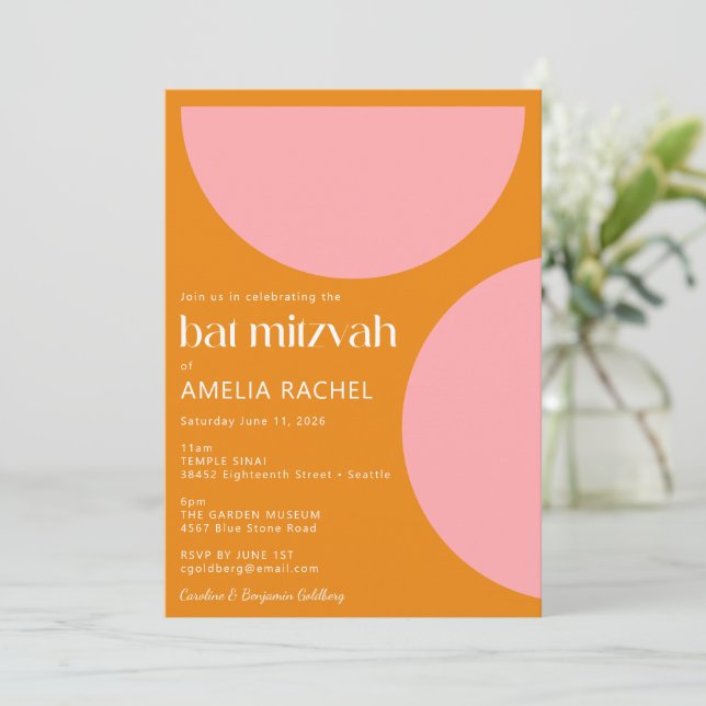 Invitation Formes géométriques simples Bat mitzvah rose orang (Debout devant)