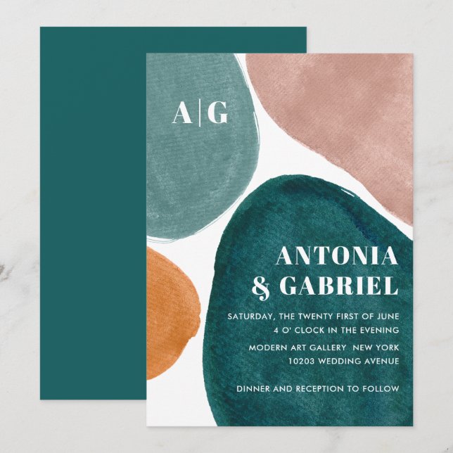 Invitation Formes modernes orange turquoise rose monogramme m (Devant / Derrière)