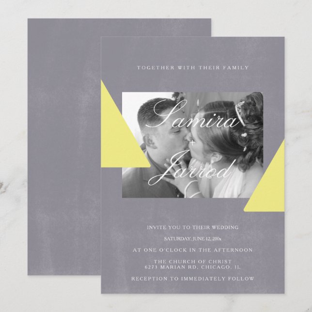 Invitation Formes simples de pierre grise jaune Photo Mariage (Devant / Derrière)