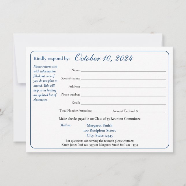 Invitation Formulaire de réponse à la réunion de classe de tr (Devant)