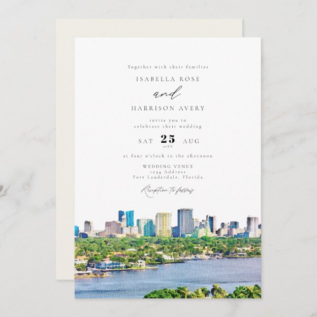 Invitation FORT LAUDERDALE Aquarelle Mariage Skyline (Devant / Derrière)