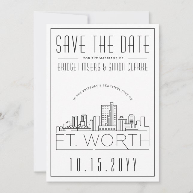 Invitation Fort Worth Mariage stylisé Skyline Enregistrer la  (Devant)