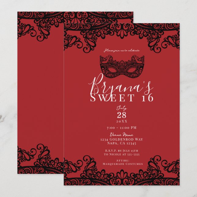 Invitation Fortune Red Black Lace Masquerade Sweet 16 Party (Devant / Derrière)