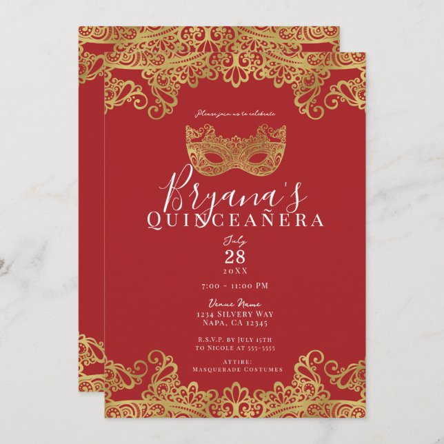 Invitation Fortune Red Gold Lace Masquerade 15 Quinceañera (Devant / Derrière)