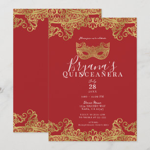 Invitation Fortune Rouge Broderie de Mascarade Or 15 Quinceañ