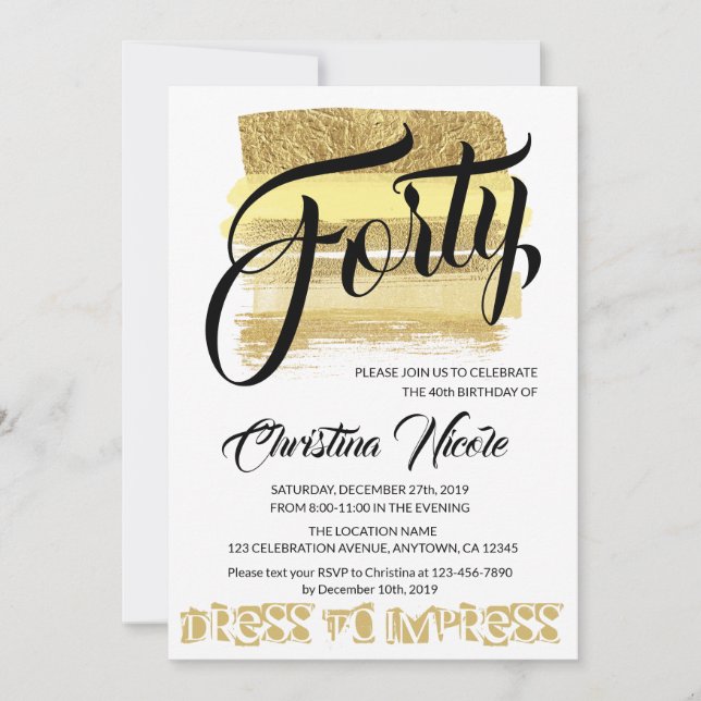 Invitation Forty Gold brush strokies Glam Anniversaire Femmes (Devant)