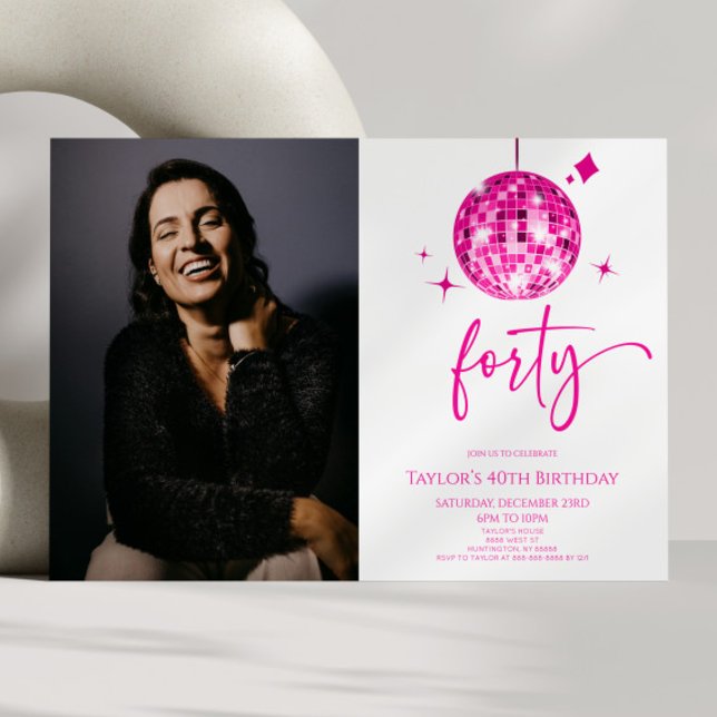 Invitation Forty Pink Disco Ball Photo 40th Birthday Party (Créateur téléchargé)