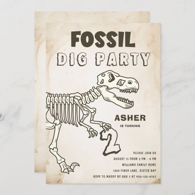 Invitation Fossil Dig Dinosaur fête d'anniversaire (Devant / Derrière)