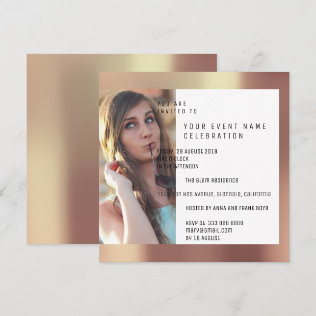 Invitation Foto de la fête nuptiale Géométrie Cuivre Rose mét (Devant / Derrière)