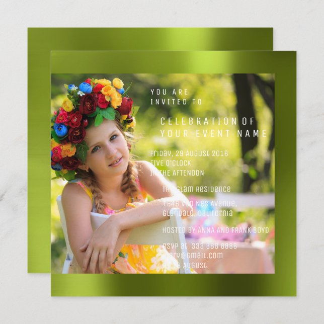 Invitation Foto fête d'anniversaire Cali Green Metal (Devant / Derrière)