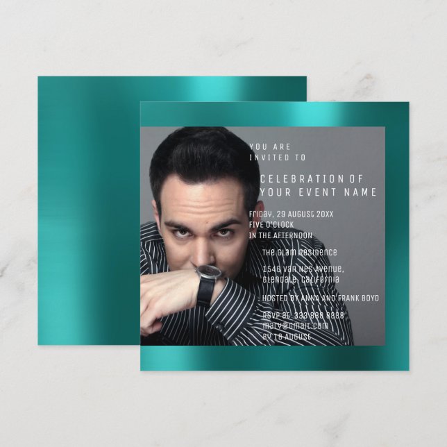 Invitation Foto fête d'anniversaire Gris Turquoise vert VIP M (Devant / Derrière)