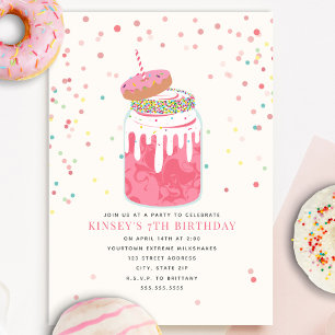 Invitation Fou Milkshake Donut Confetti Pink fête d'anniversa