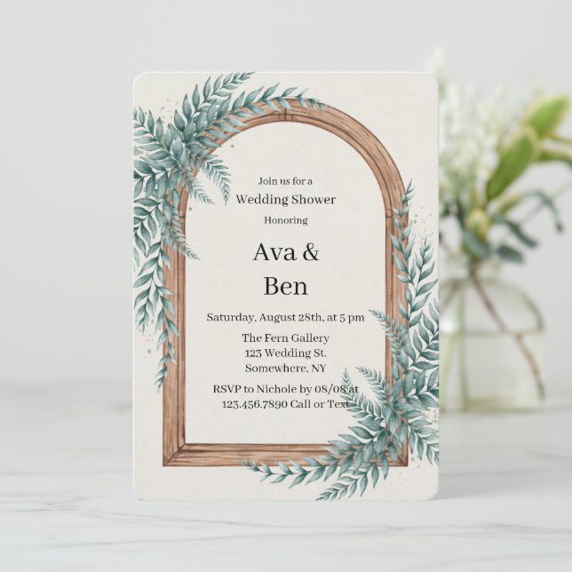 Invitation Fougère verdure arceau en bois mariage douche (Debout devant)