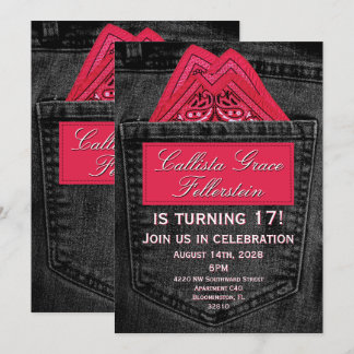 Invitation Foulard rose dans une poche de jean en denim noir