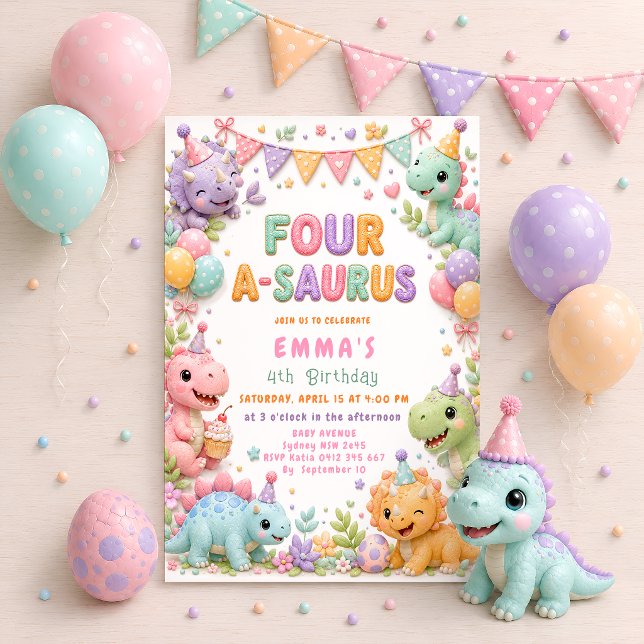 Invitation Four-A-Saurus 4e fête d'anniversaire fille dinosau (Créateur téléchargé)