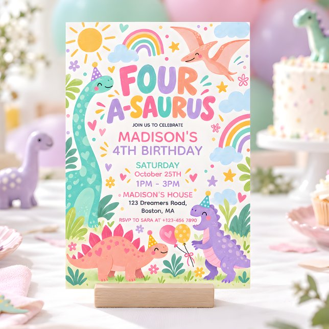 Invitation Four A Saurus Pastel Dinosaur 4e Anniversaire (Créateur téléchargé)
