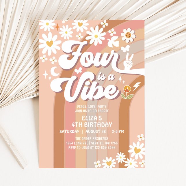Invitation Four est Vibe Super 4th Daisy Rainbow Birthday (Créateur téléchargé)